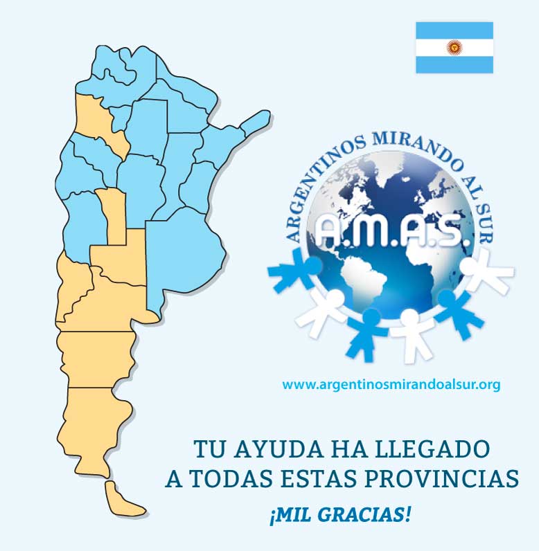 Mapa de Argentina con las provincias que ayudamos pintadas de azul 
